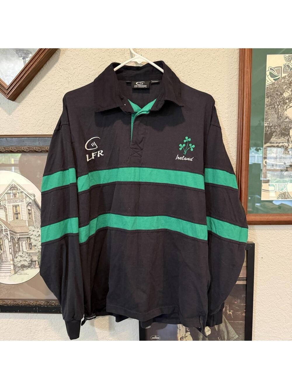 Malham Irish Shamrock Sprig Ireland Longsleeve Striped Rugby Ireland Navy and...